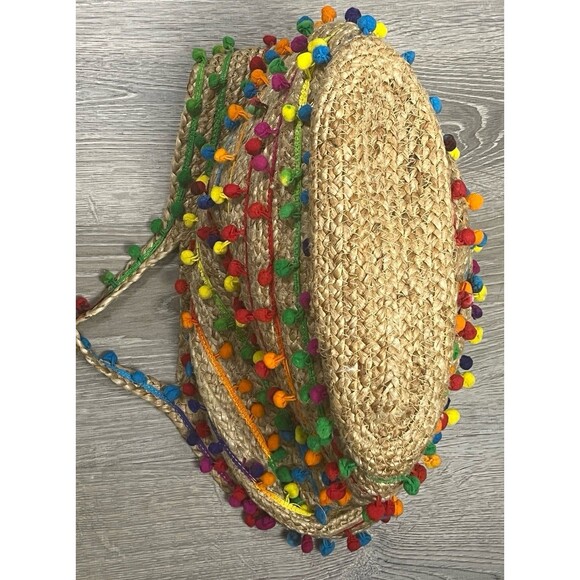 Circus Sam Edelman Tote Jute Beach Bag Rainbow Pom Boho Resort Shopping Festival - Picture 4 of 9